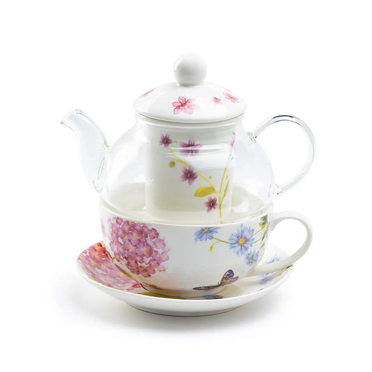 Grace Teaware Hydrangea Tea for One Set | Floral Glass & Porcelain