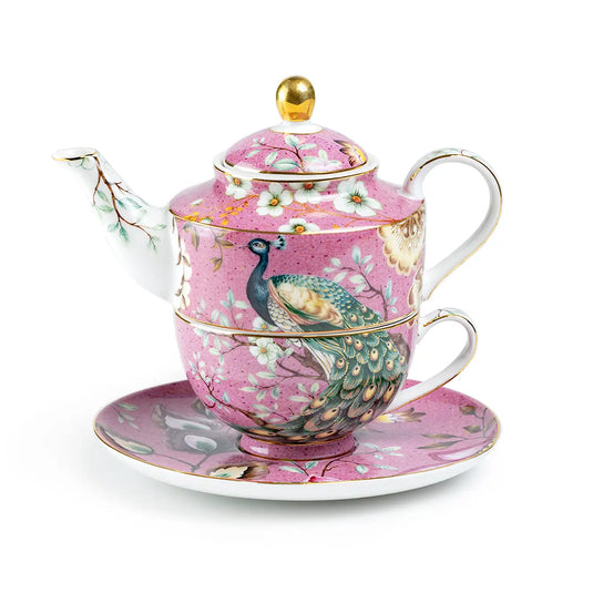 Grace Teaware Peacock Lotus Tea for One Set | Pink Gold Trim