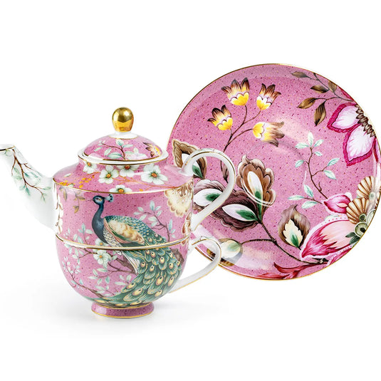 Grace Teaware Peacock Lotus Tea for One Set | Pink Gold Trim